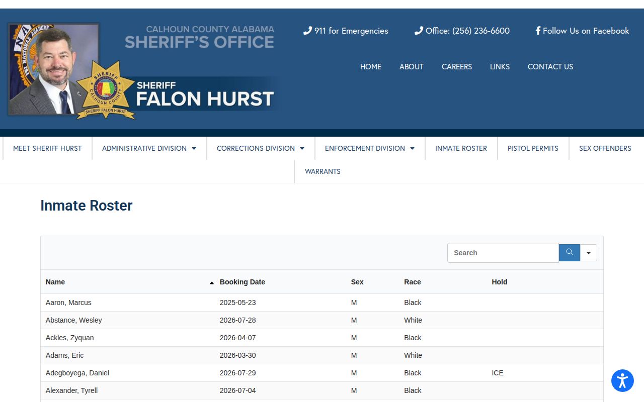 Official Calhoun County Jail roster search for current booking records