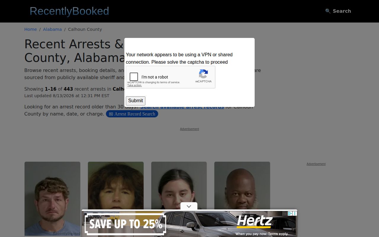 Unofficial Calhoun County recent booking records interface
